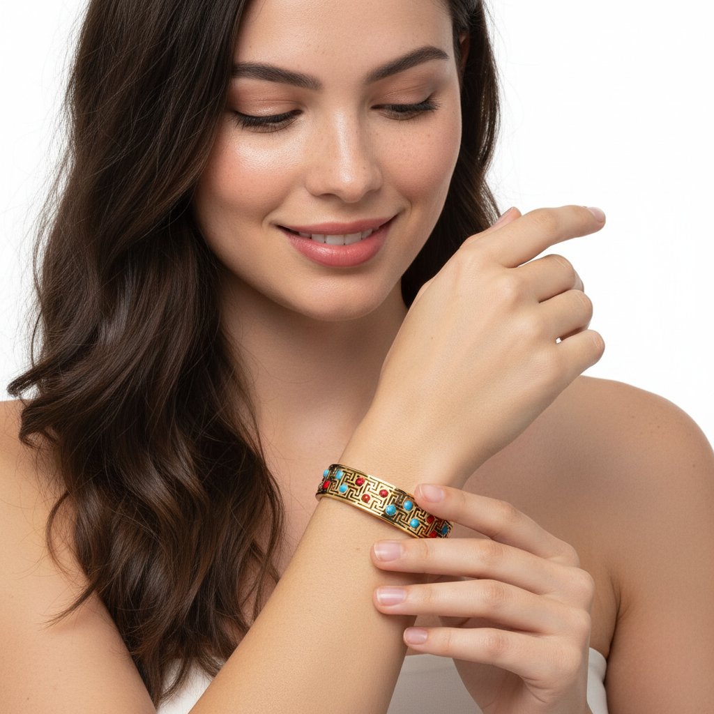 Pulseira dourada com pedras vermelhas e azuis num braço feminino