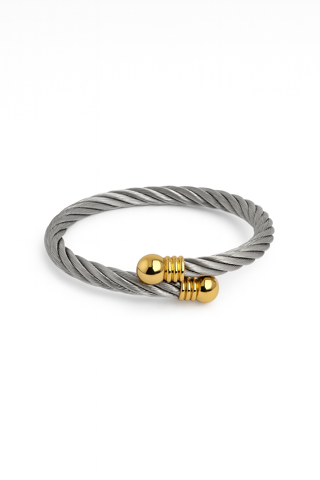 Pulseira metálica prateada com extremidades douradas