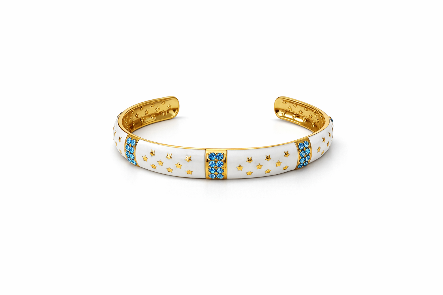Pulseira dourada com acabamento branco, estrelas douradas e pedras azuis