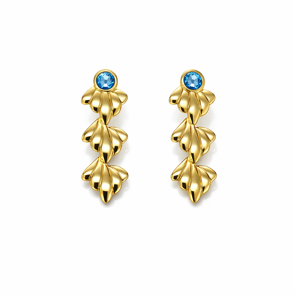 Brincos dourados com folhas e pedra azul