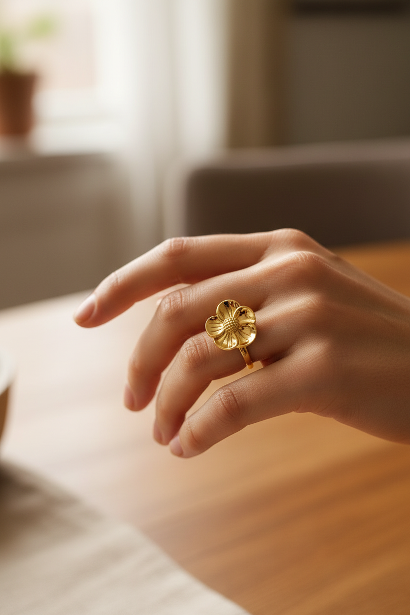 Anel dourado em forma de flor numa mão sobre mesa de madeira