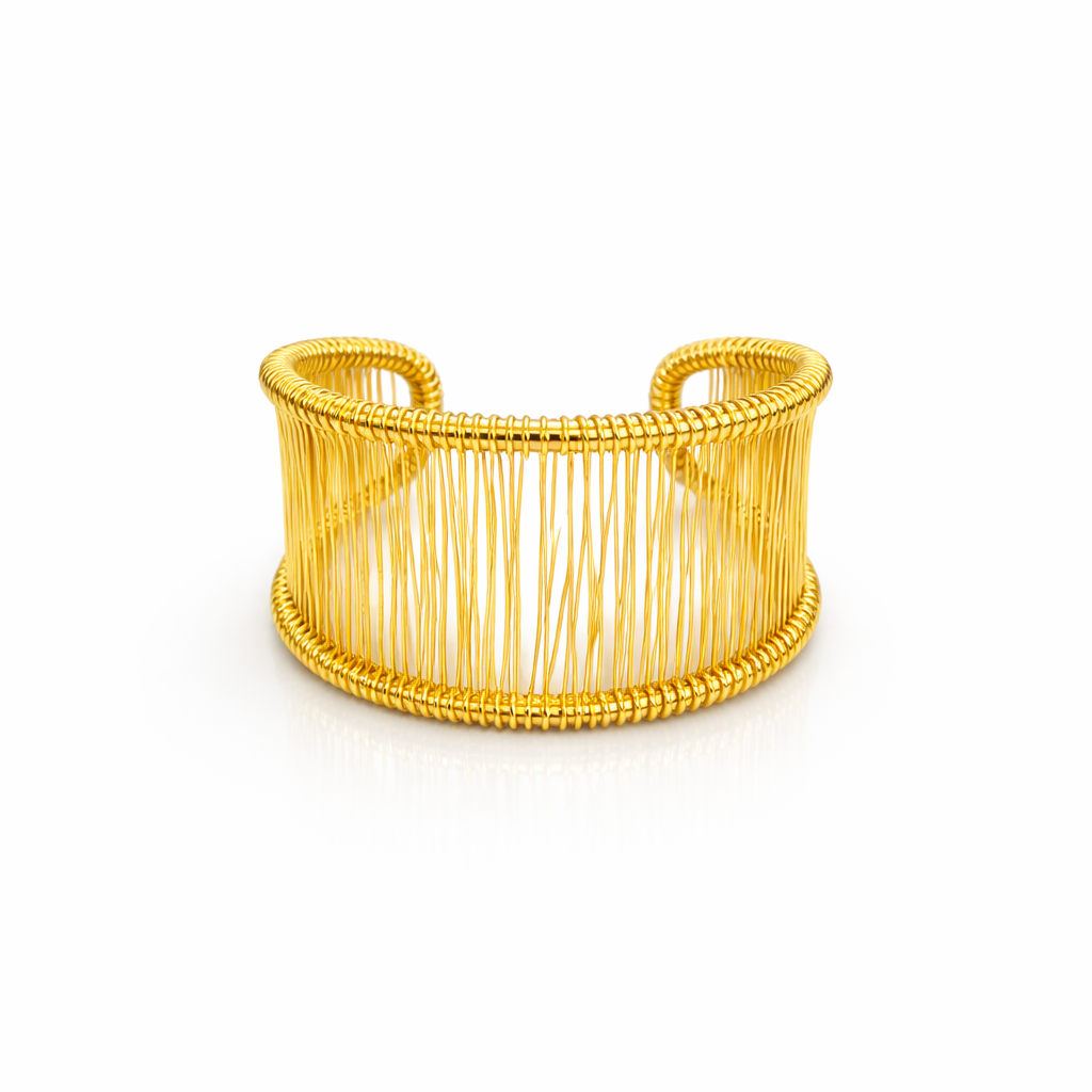 bracelete de metal dourado com fios verticais