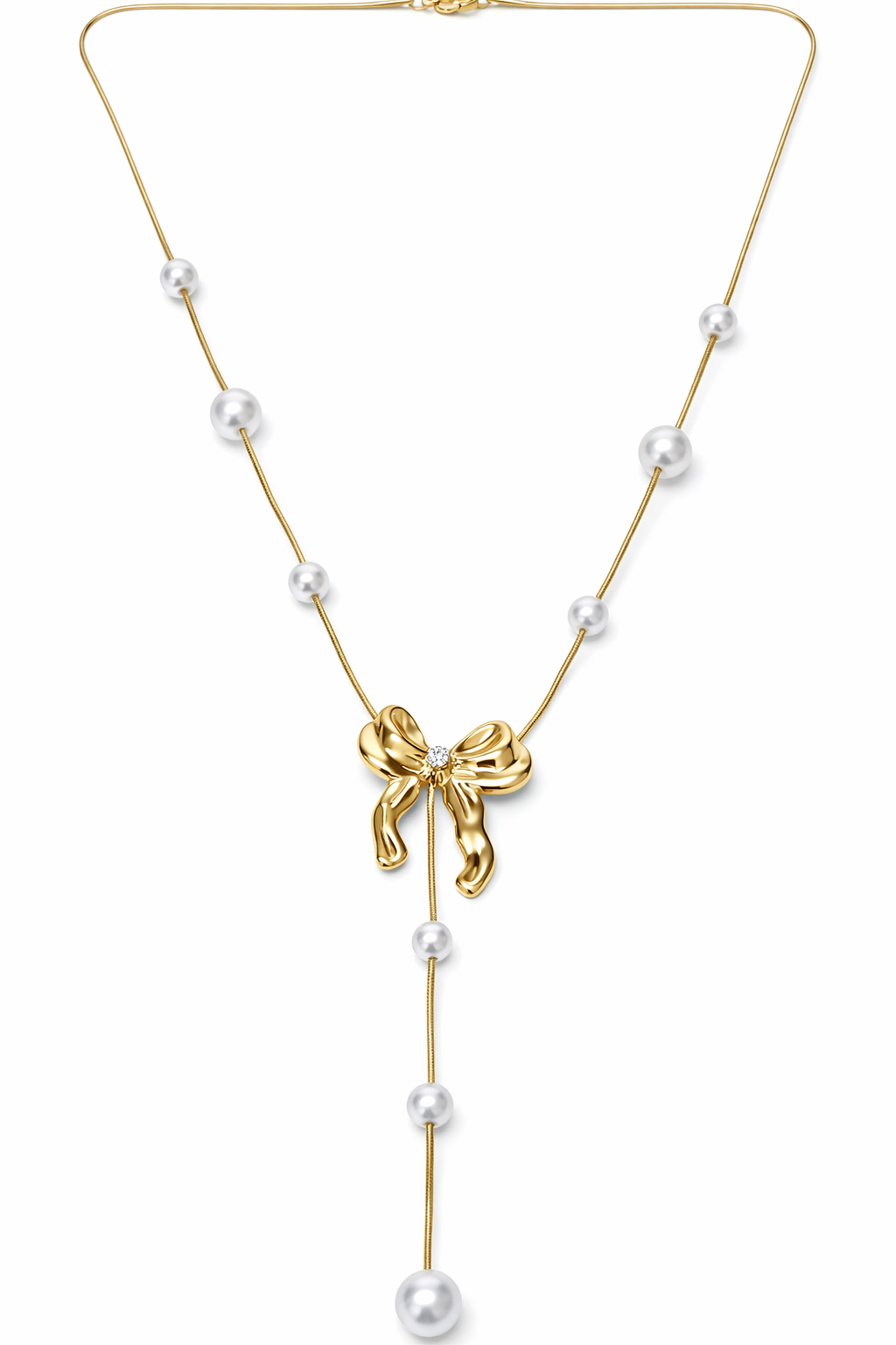 Colar dourado com pérolas e laço