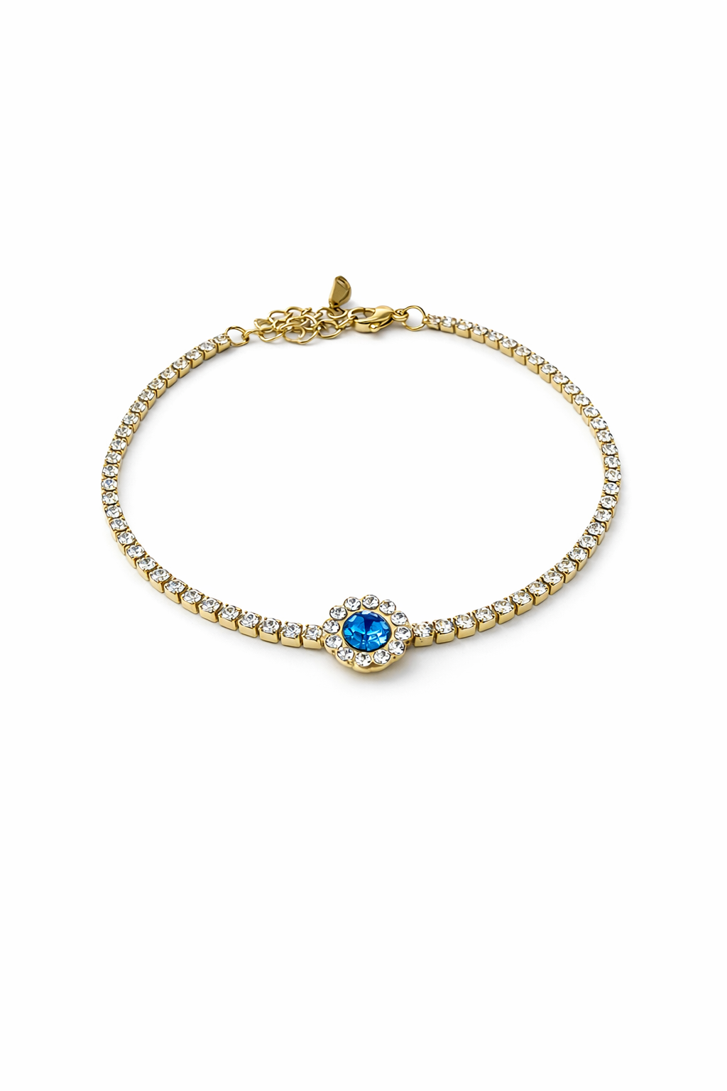 Pulseira dourada com pedras transparentes e pedra azul central