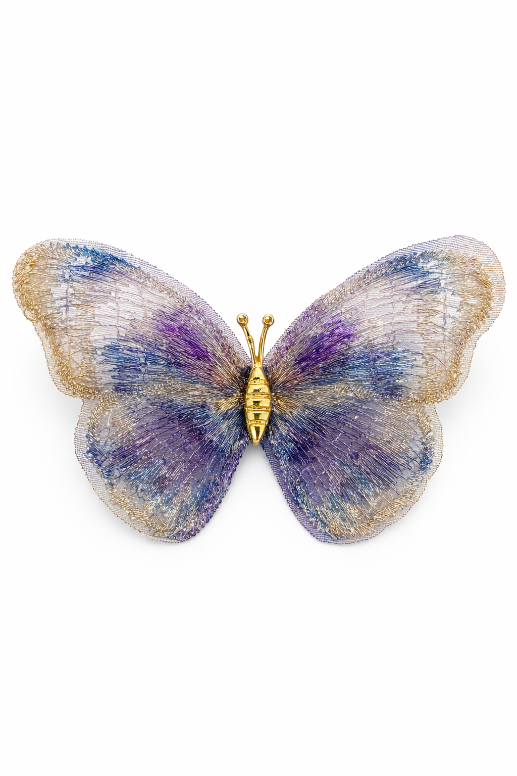 Brinco borboleta azul e dourado em fundo branco