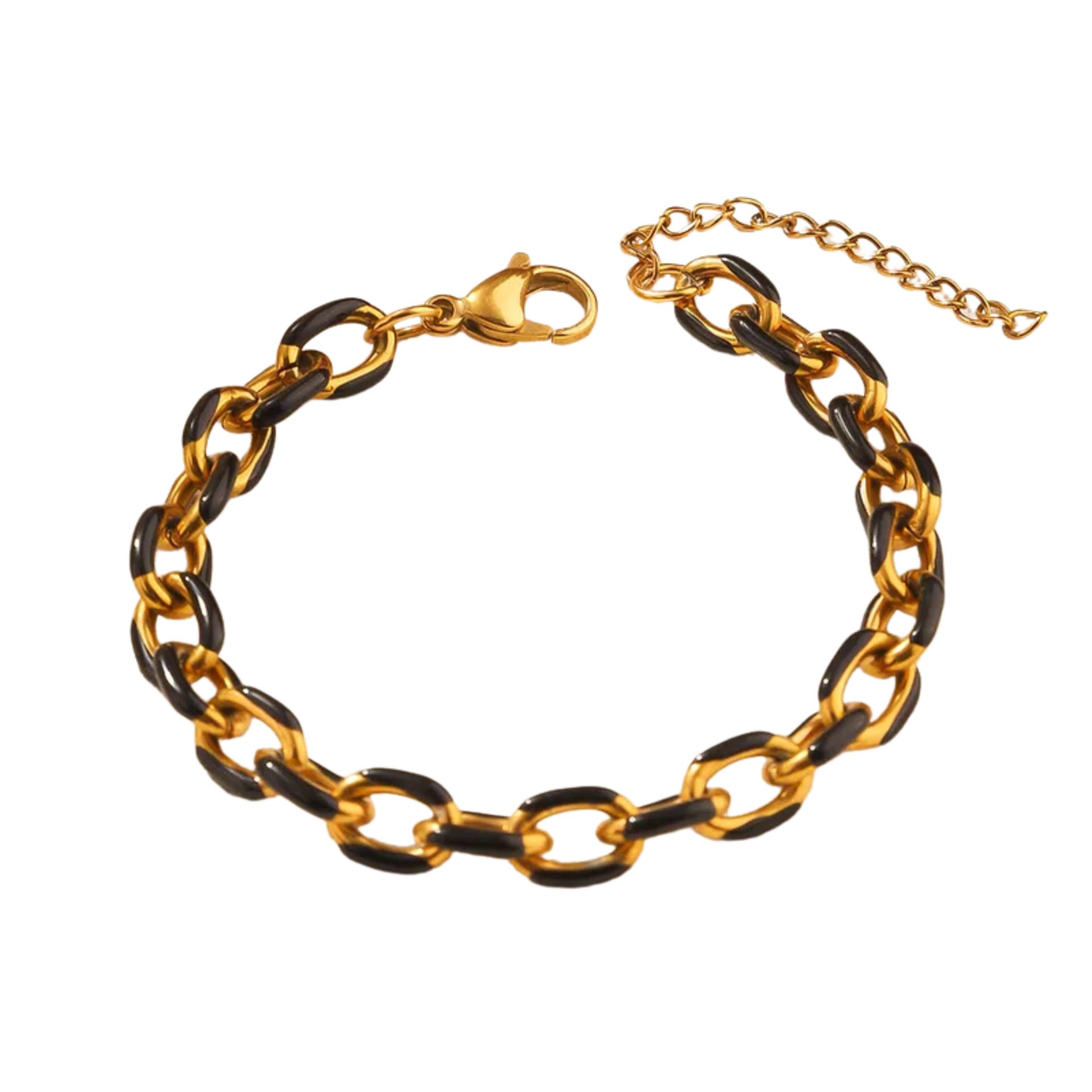 Pulseira de corrente com elos dourados e pretos e fecho de lagosta.
