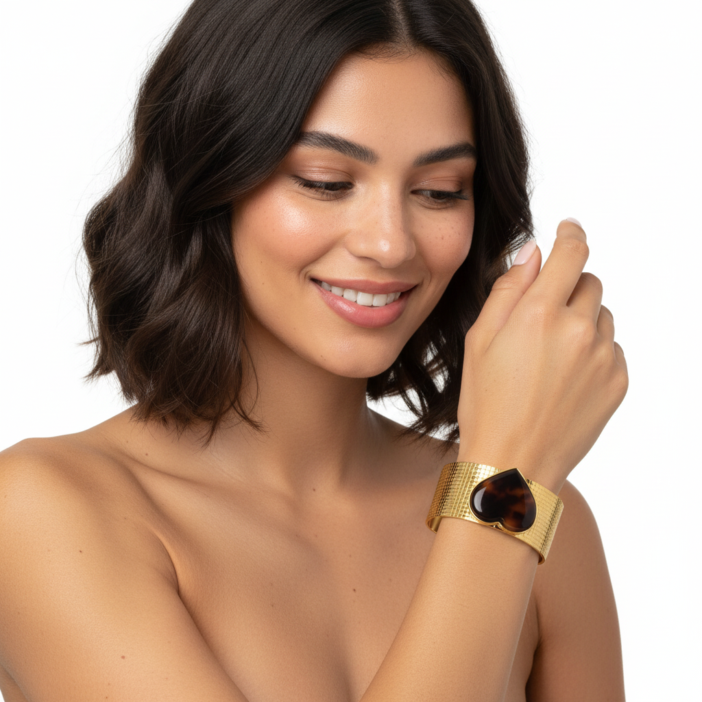 Pulseira larga dourada com detalhe em coração padrão tartaruga no pulso de mulher com cabelo castanho curto