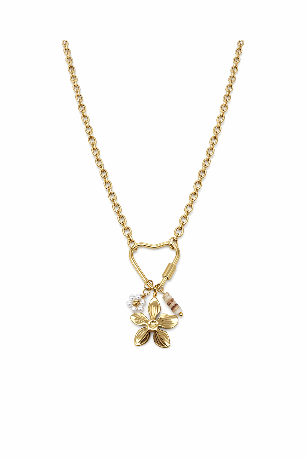 Colar dourado com pendentes de flor, pérolas e contas.