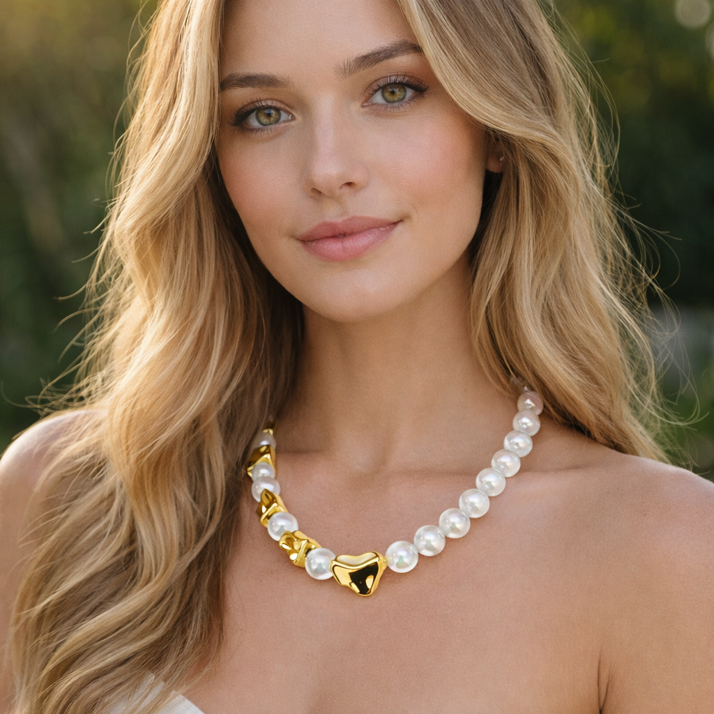 Colar de pérolas com detalhes dourados usado por mulher numa paisagem exterior.
