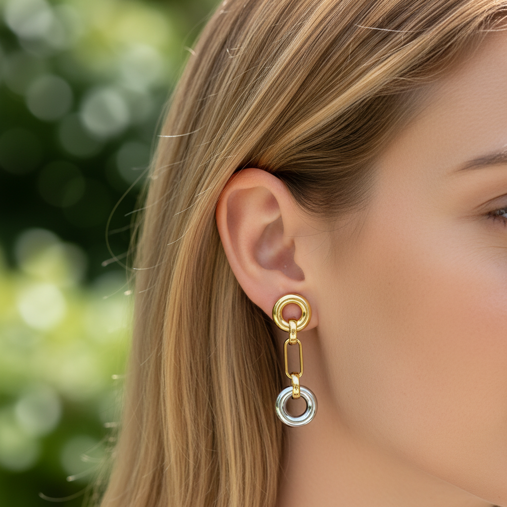 Brinco bicolor com argolas dourada e prateada pendentes