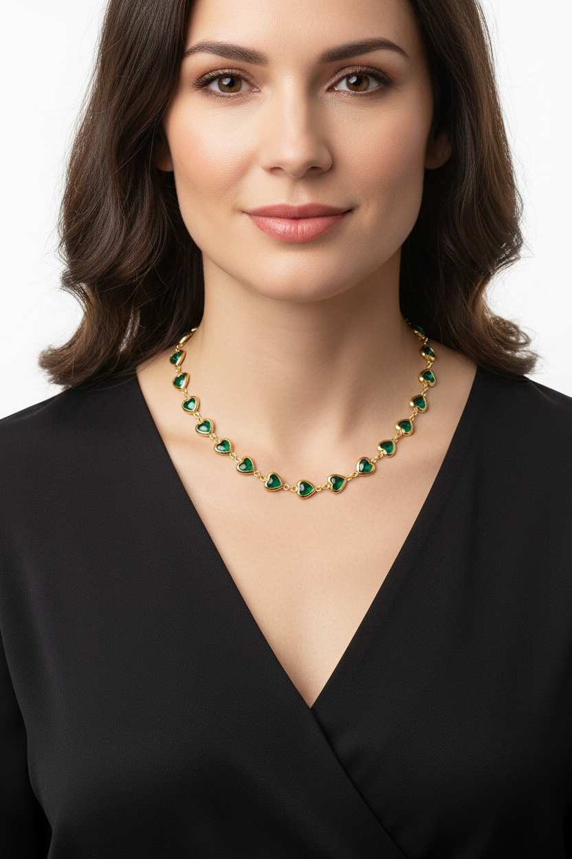 Colar com pedras verdes em formato de coração num pescoço de mulher com blusa preta.