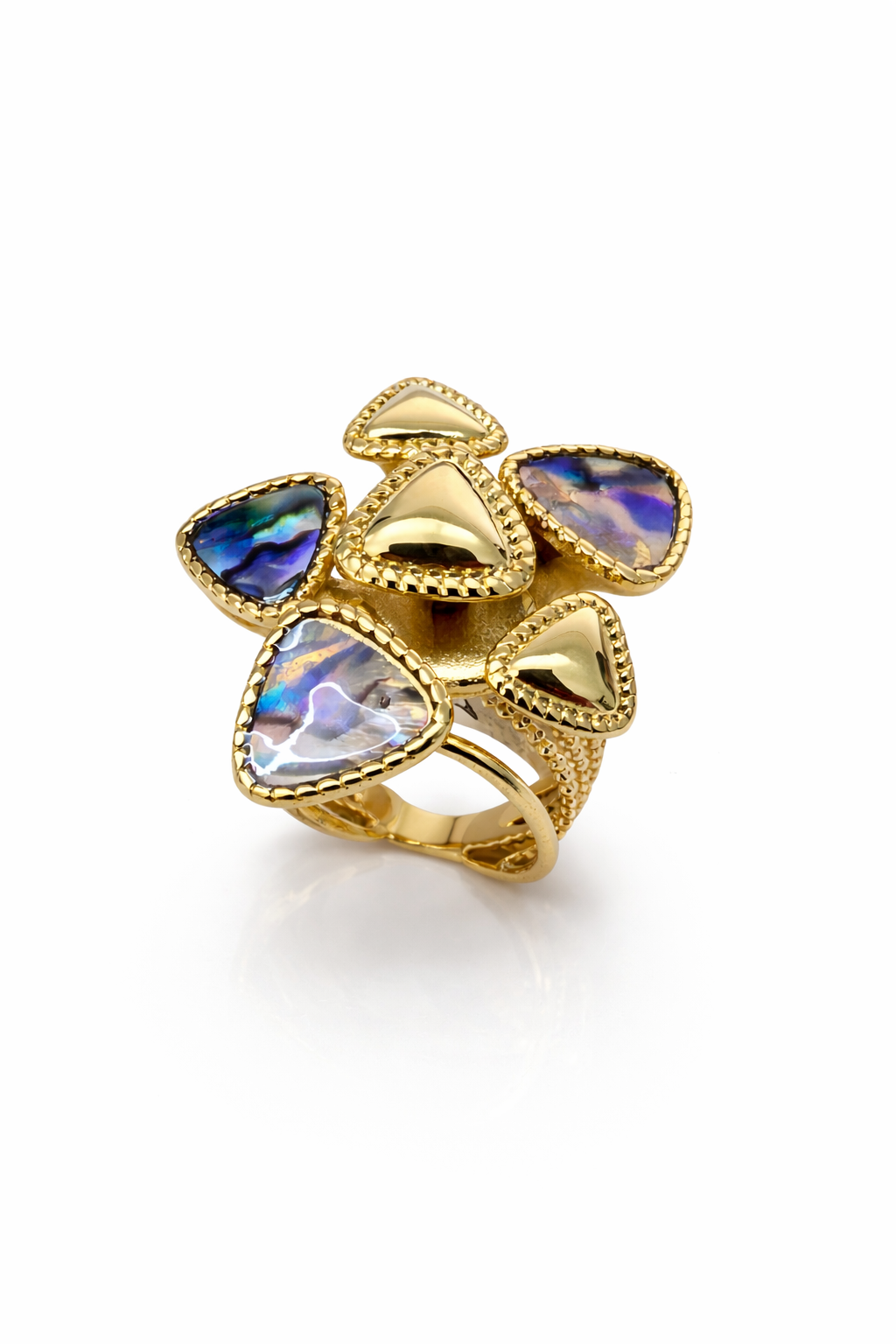 Anel dourado com pedras triangulares azuis e roxas