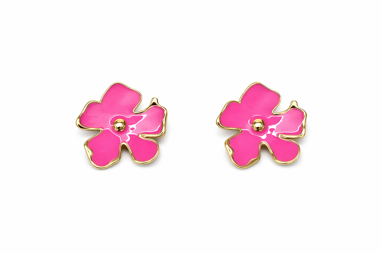 Brincos florais rosa com bordas douradas e centro dourado