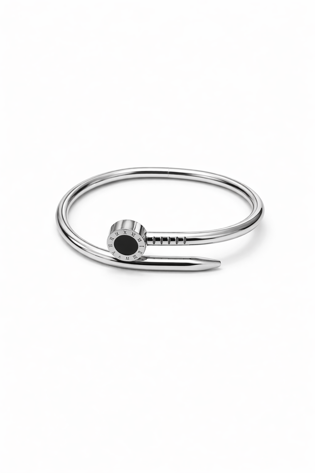 Pulseira em aço inoxidável prateado estilo prego com extremidade circular preta e algarismos romanos