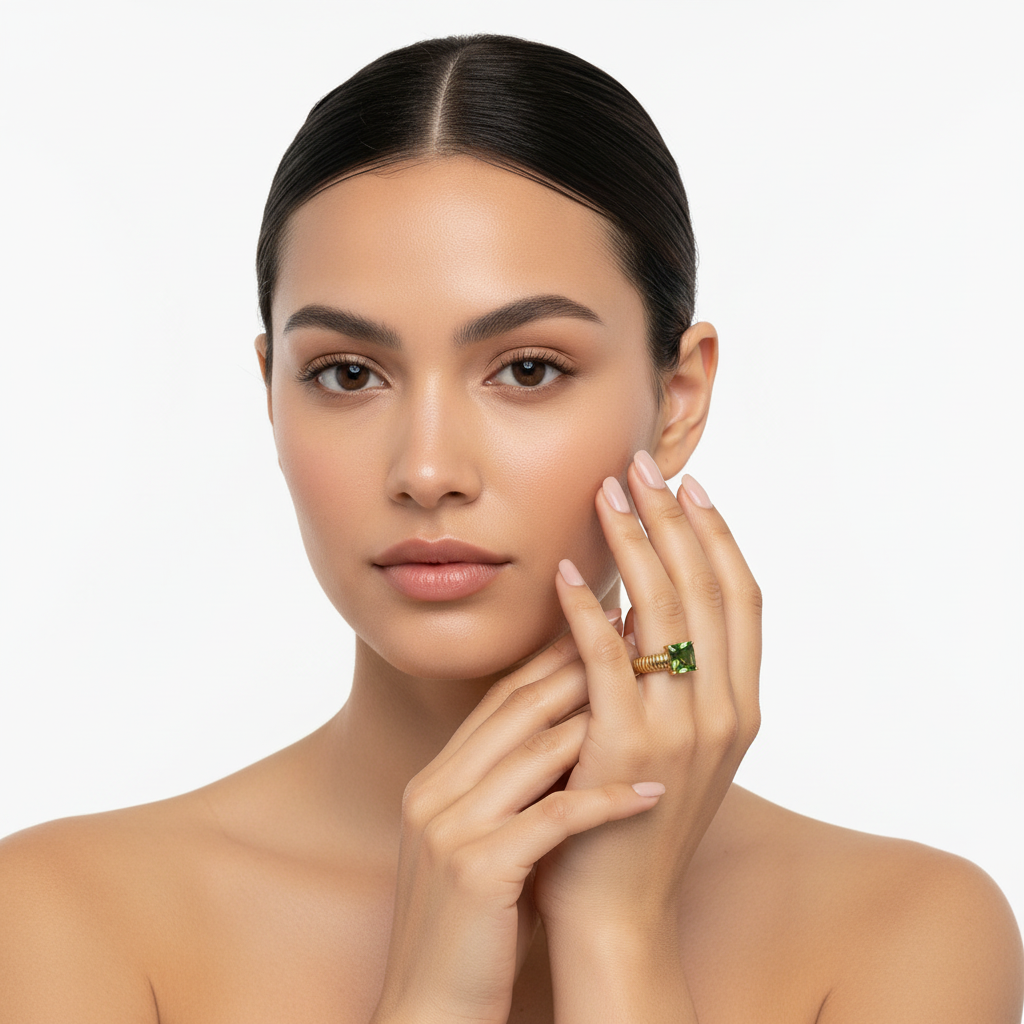 Mulher com anel dourado e pedra verde no dedo