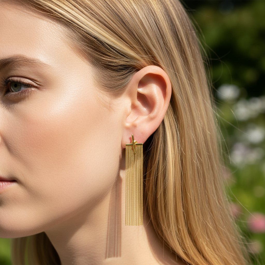 Brincos dourados compridos em mulher loira com fundo verde desfocado.