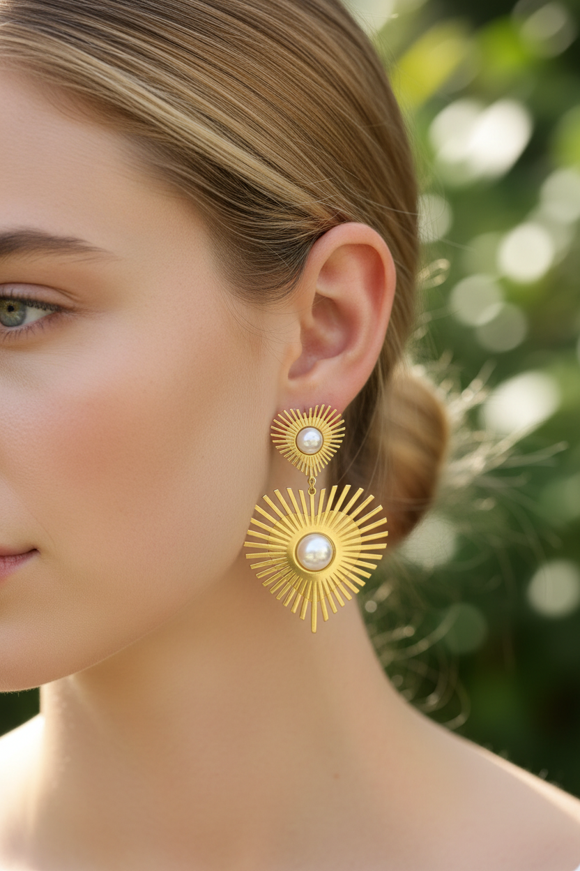 Brincos dourados em forma de raios solares com pérolas, usados por mulher