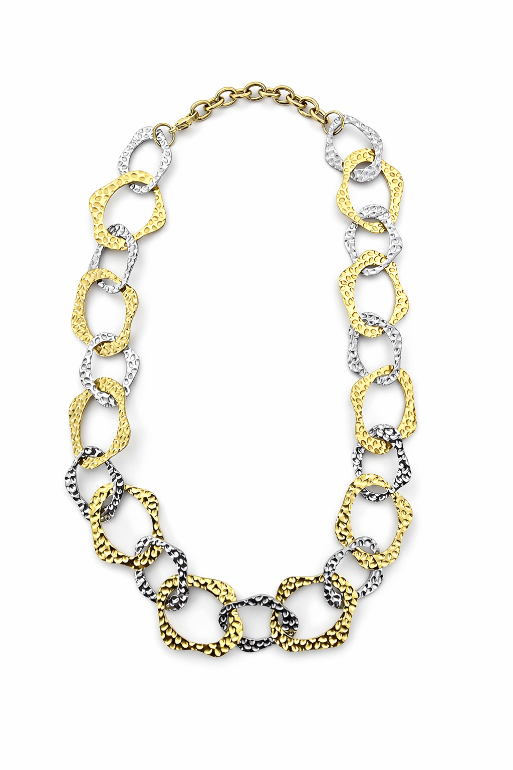 Colar de elos dourados e prateados com textura irregular