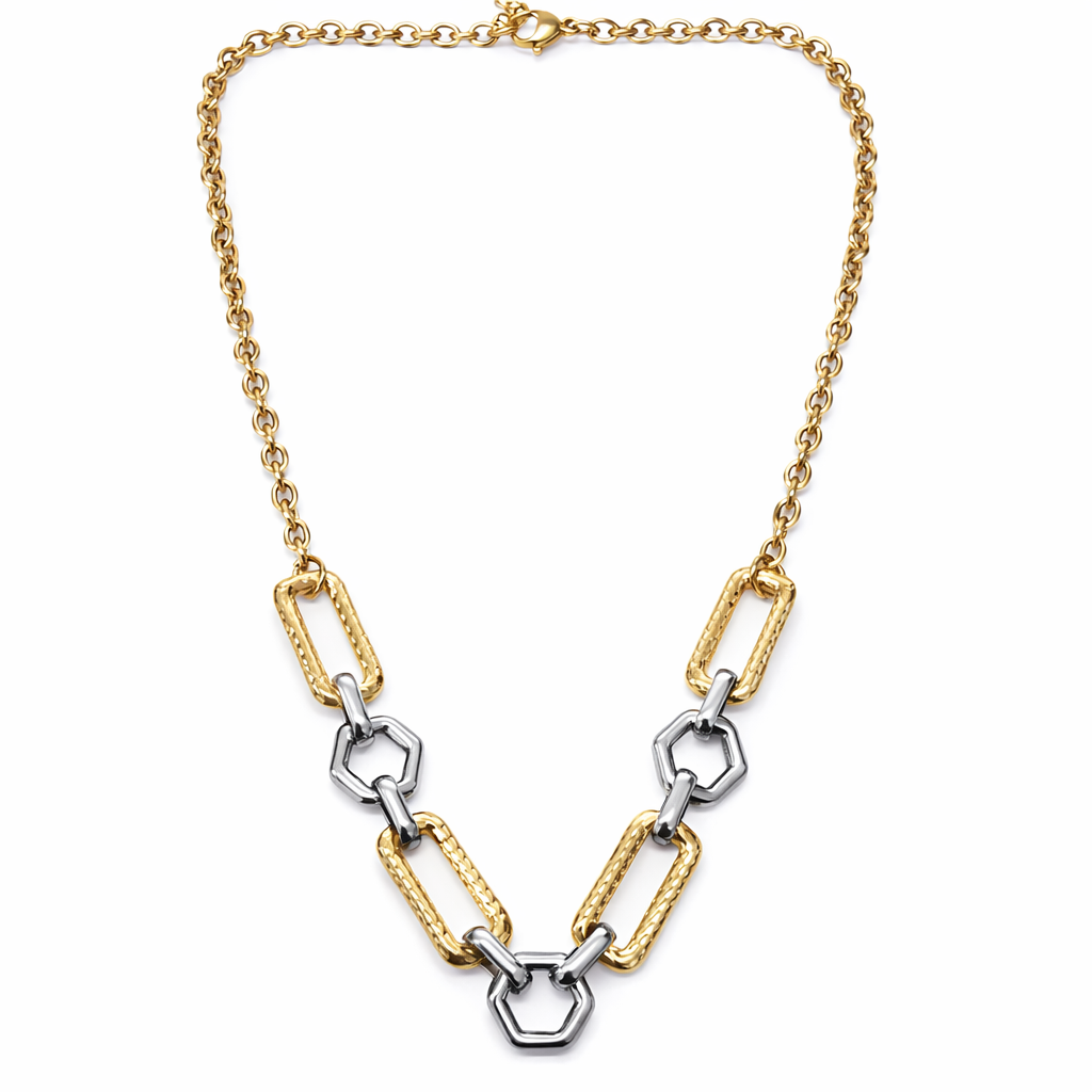 Colar em correntes douradas e prateadas com elos hexagonais e retangulares