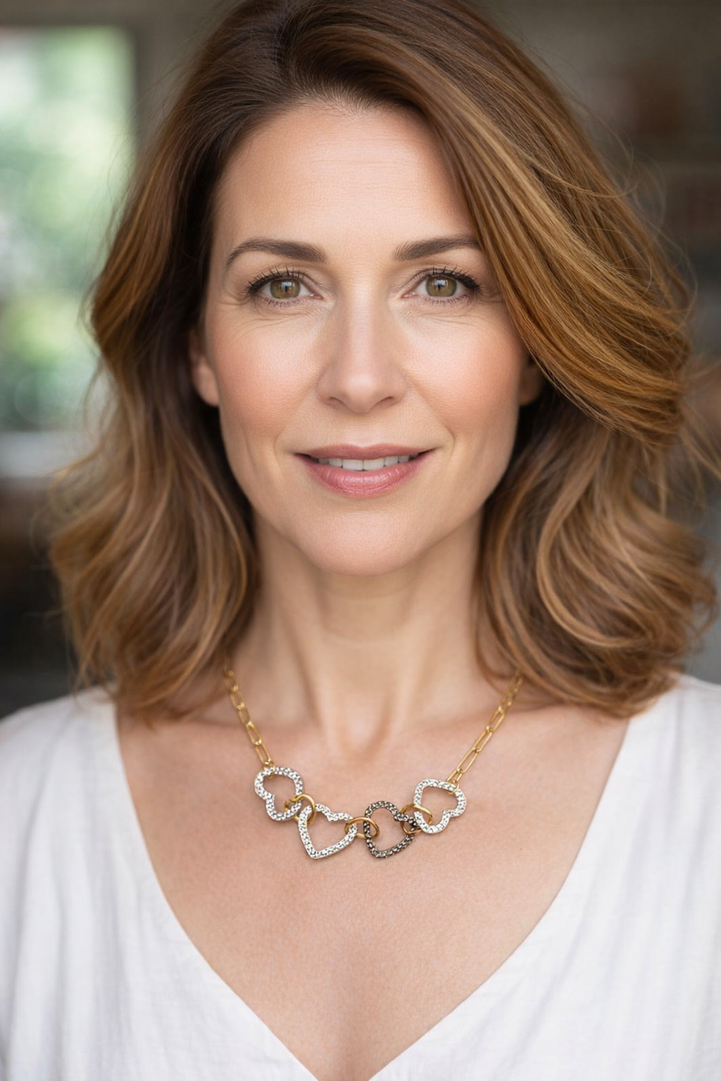 Colar com elos dourados e corações brilhantes usado por mulher.