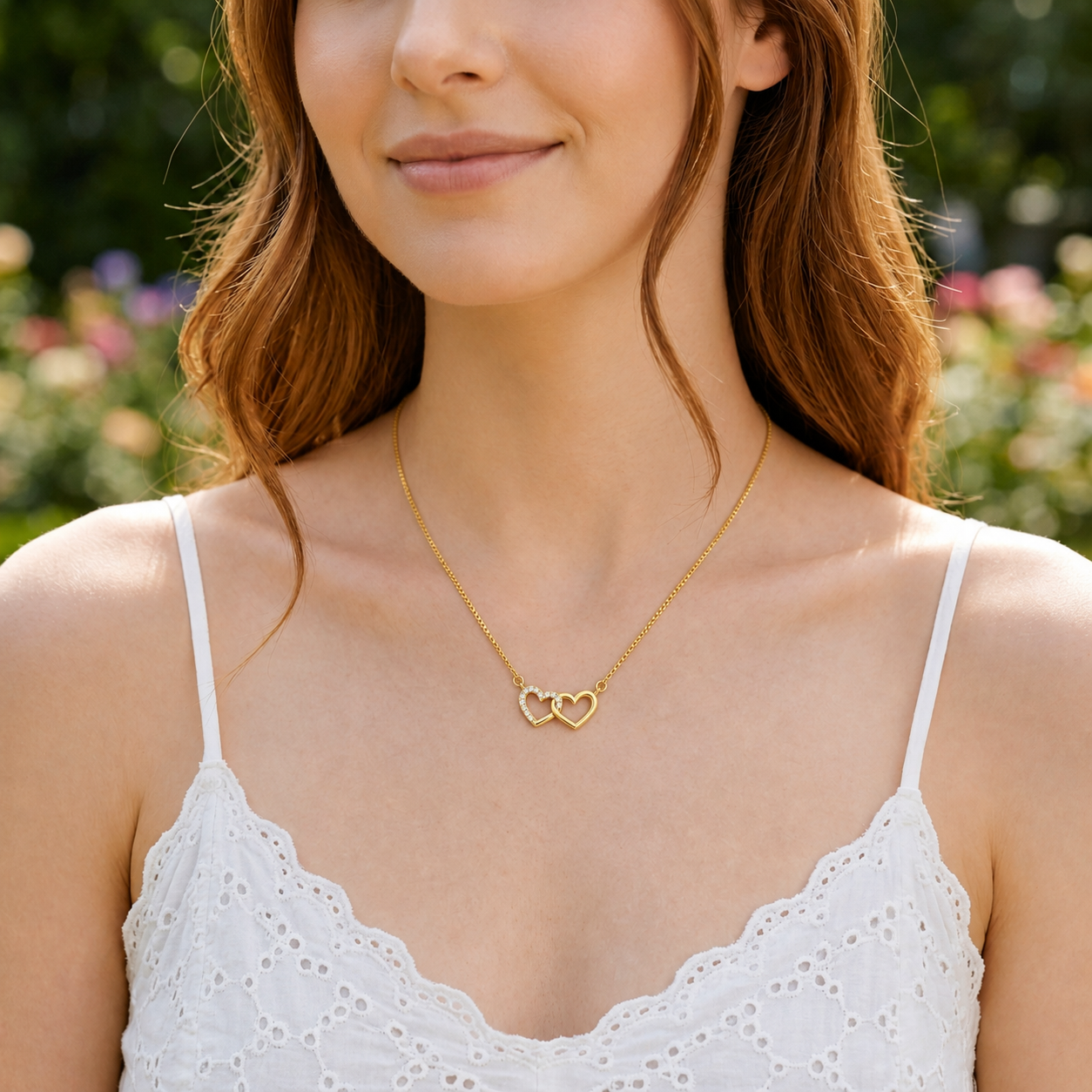 Colar dourado com dois corações e vestido branco de alças em ambiente exterior