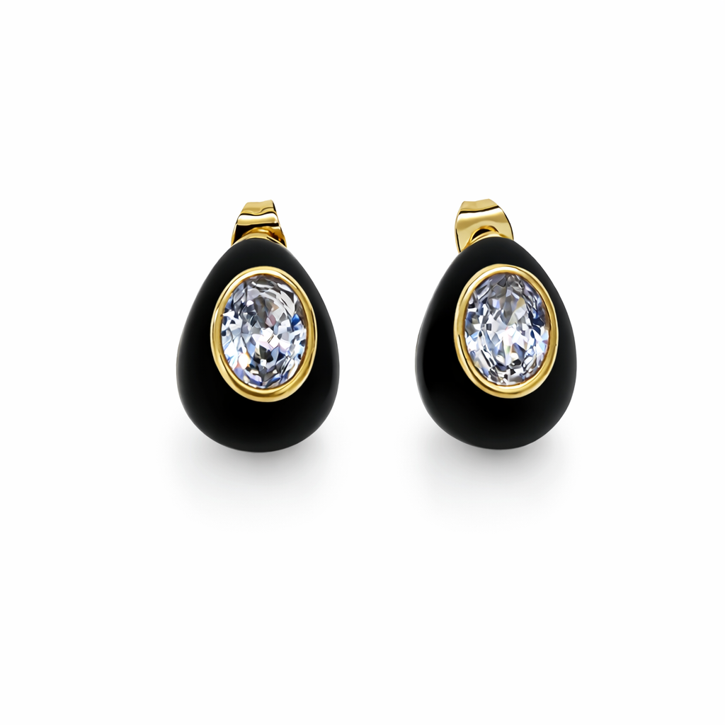 Brincos gota pretos com engaste dourado e pedra facetada ao centro