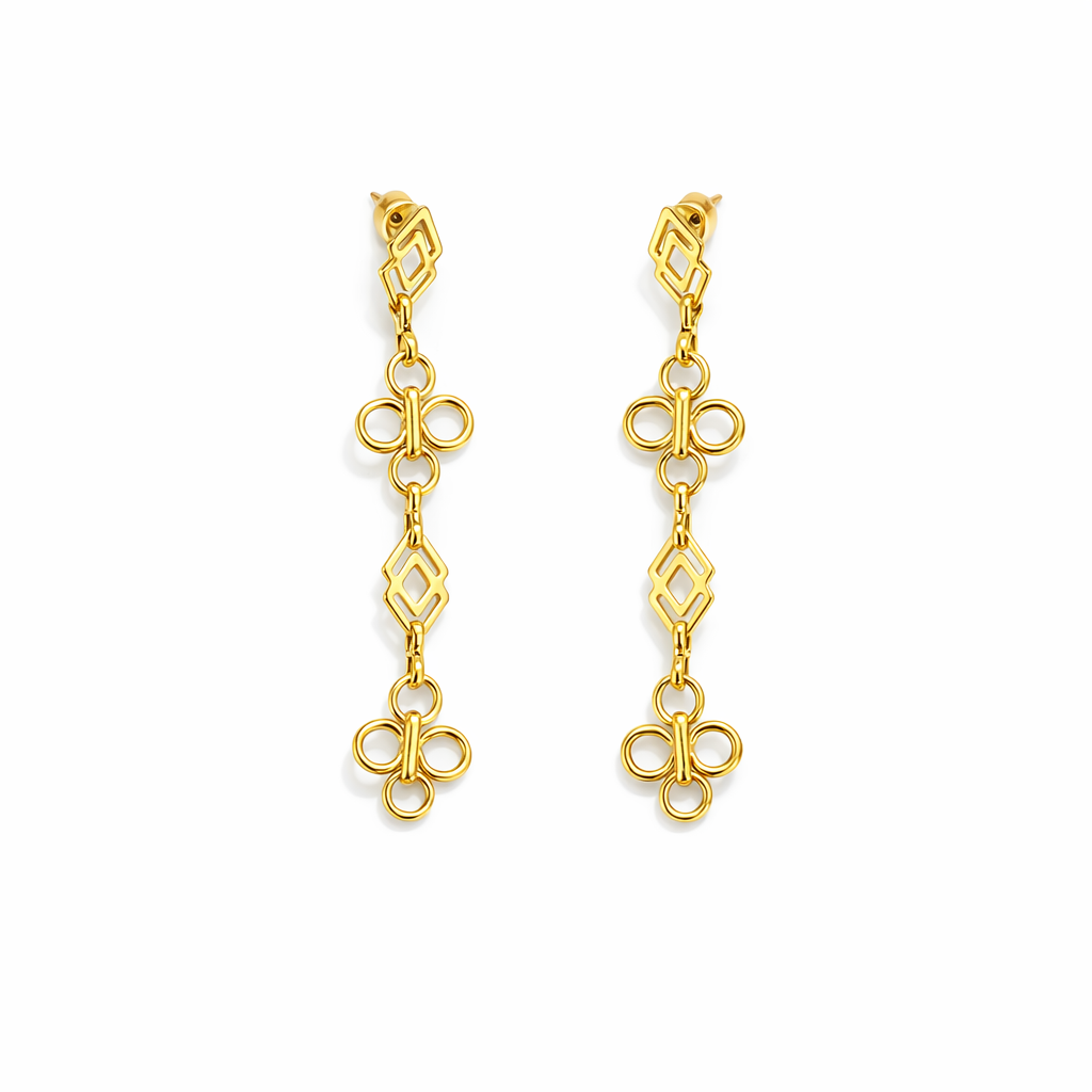 Brincos pendentes dourados com desenho geométrico entrelaçado