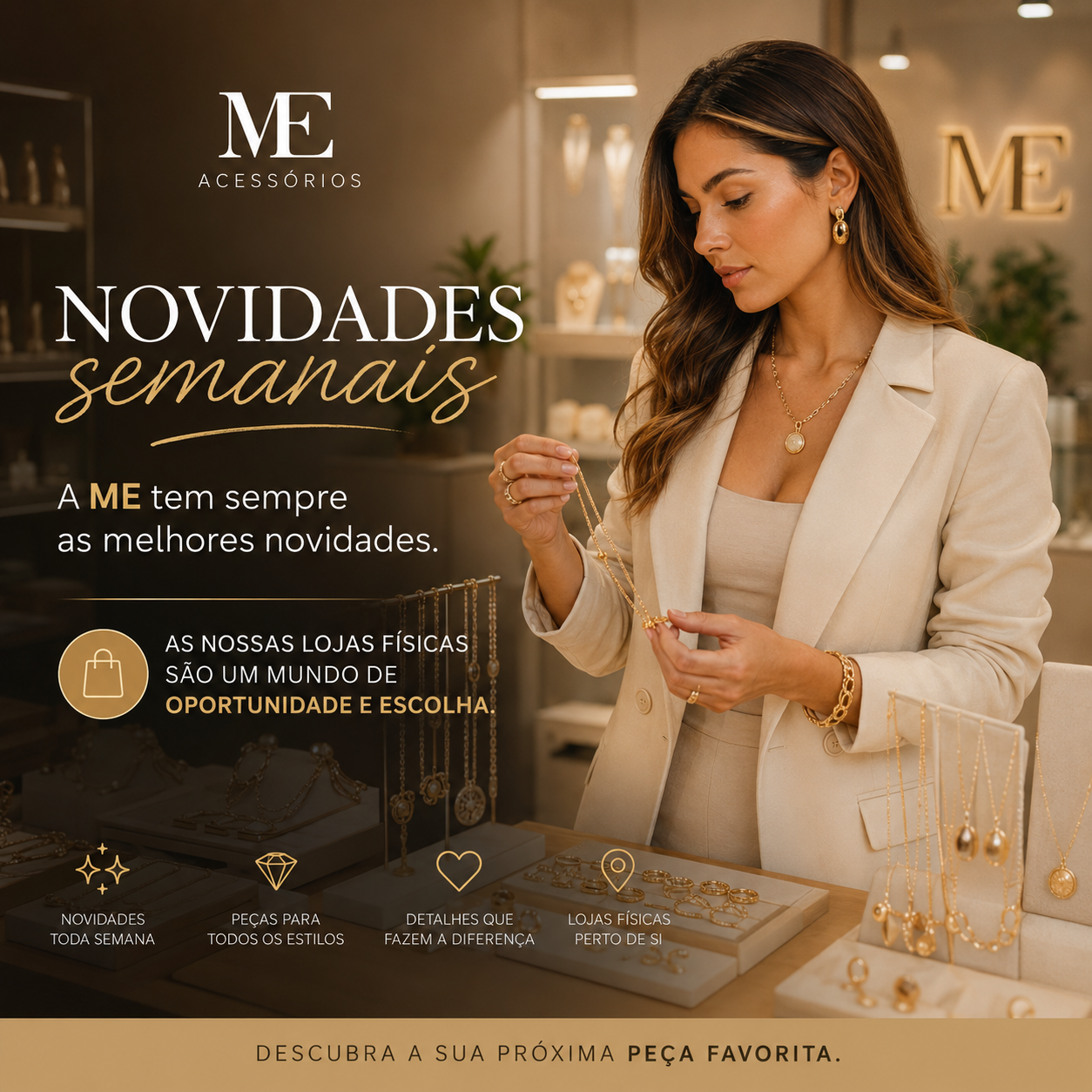 Mulher com colar dourado ME Acessórios em ambiente elegante