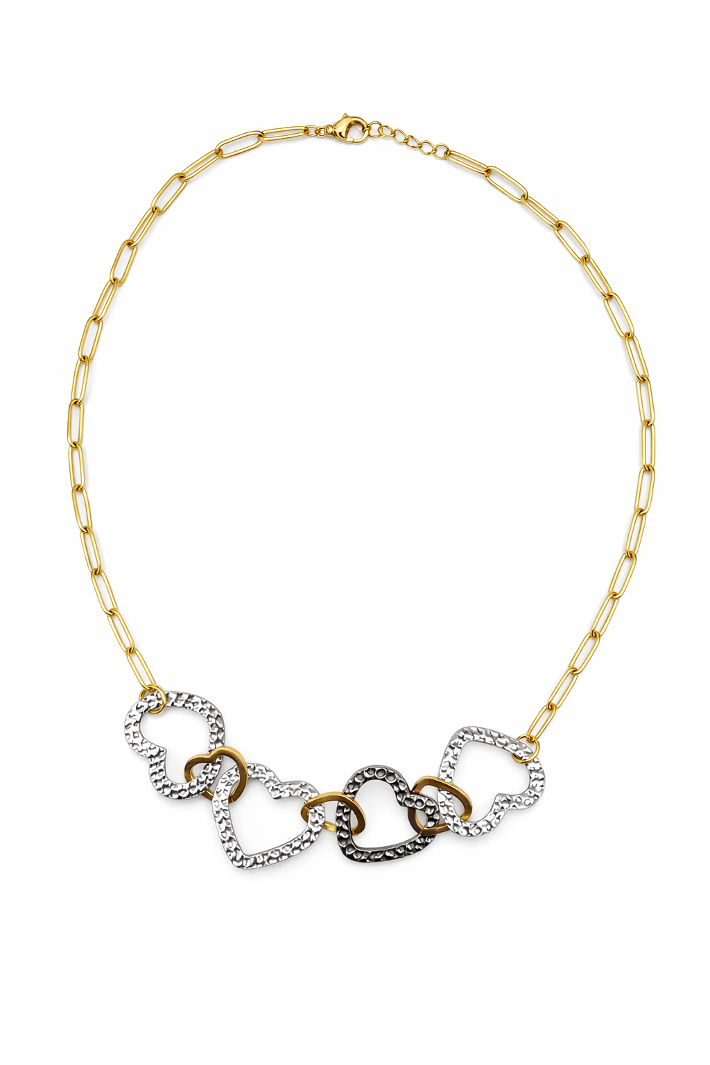 Colar dourado com corações prateados texturizados