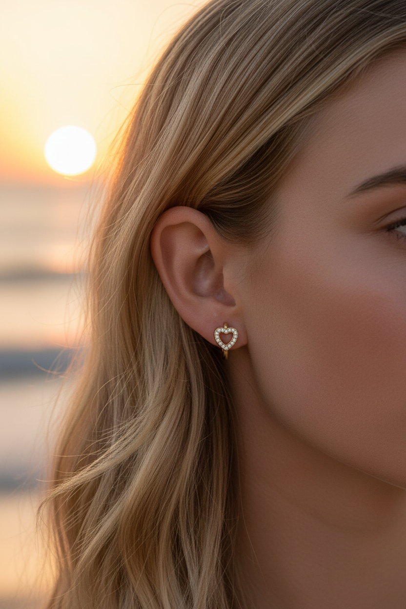 Brinco de argola dourado com pendente em forma de coração cravejado com pedras brancas