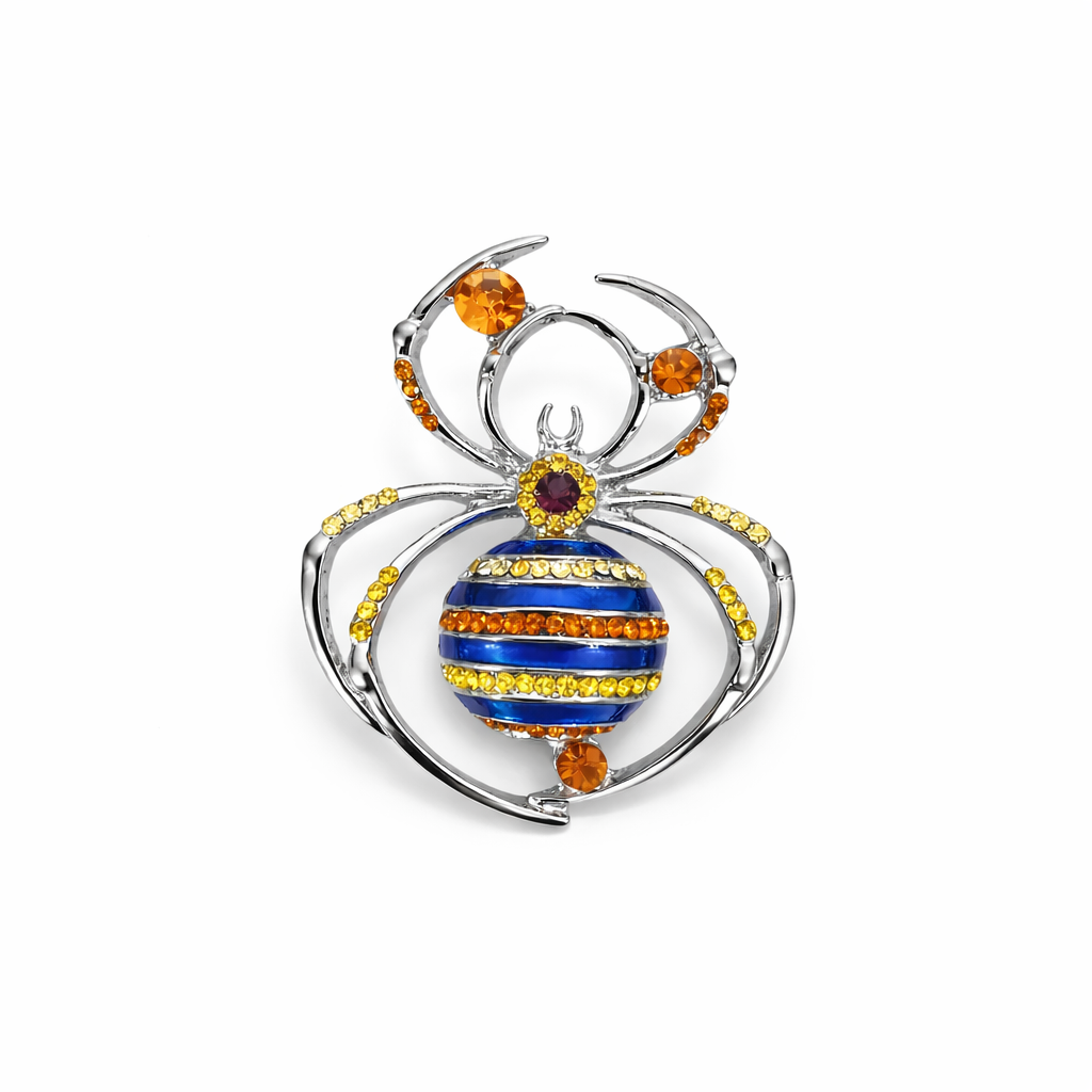 Broche de aranha prateado com pedras coloridas