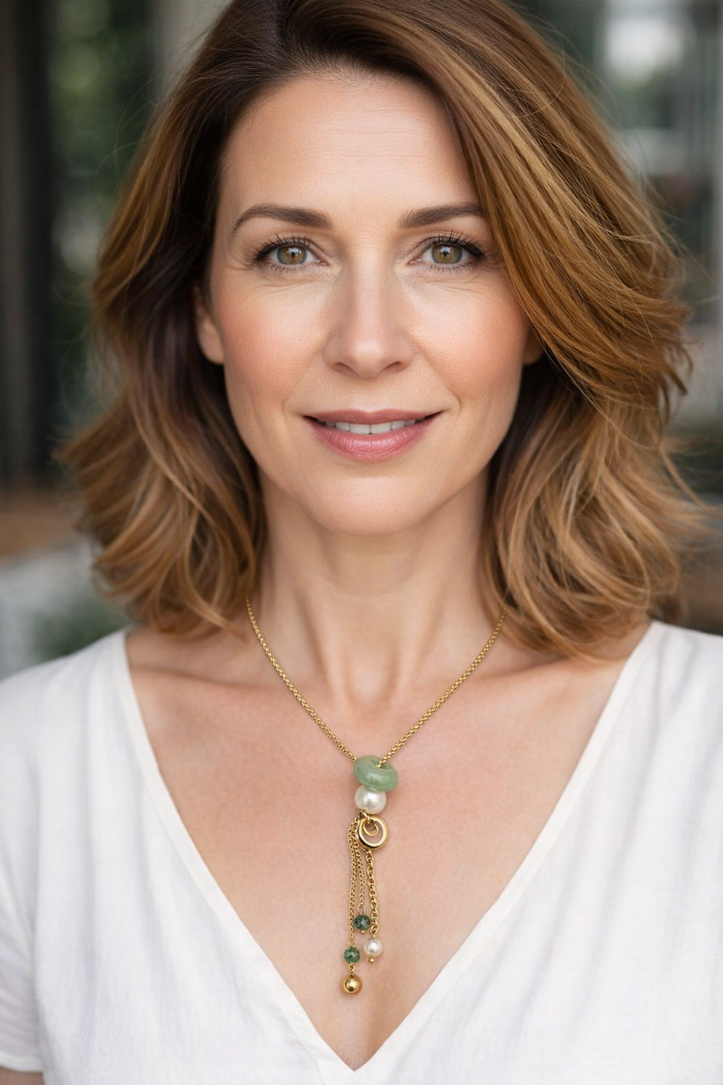 Colar dourado com pendente verde e pérola num pescoço feminino com blusa branca