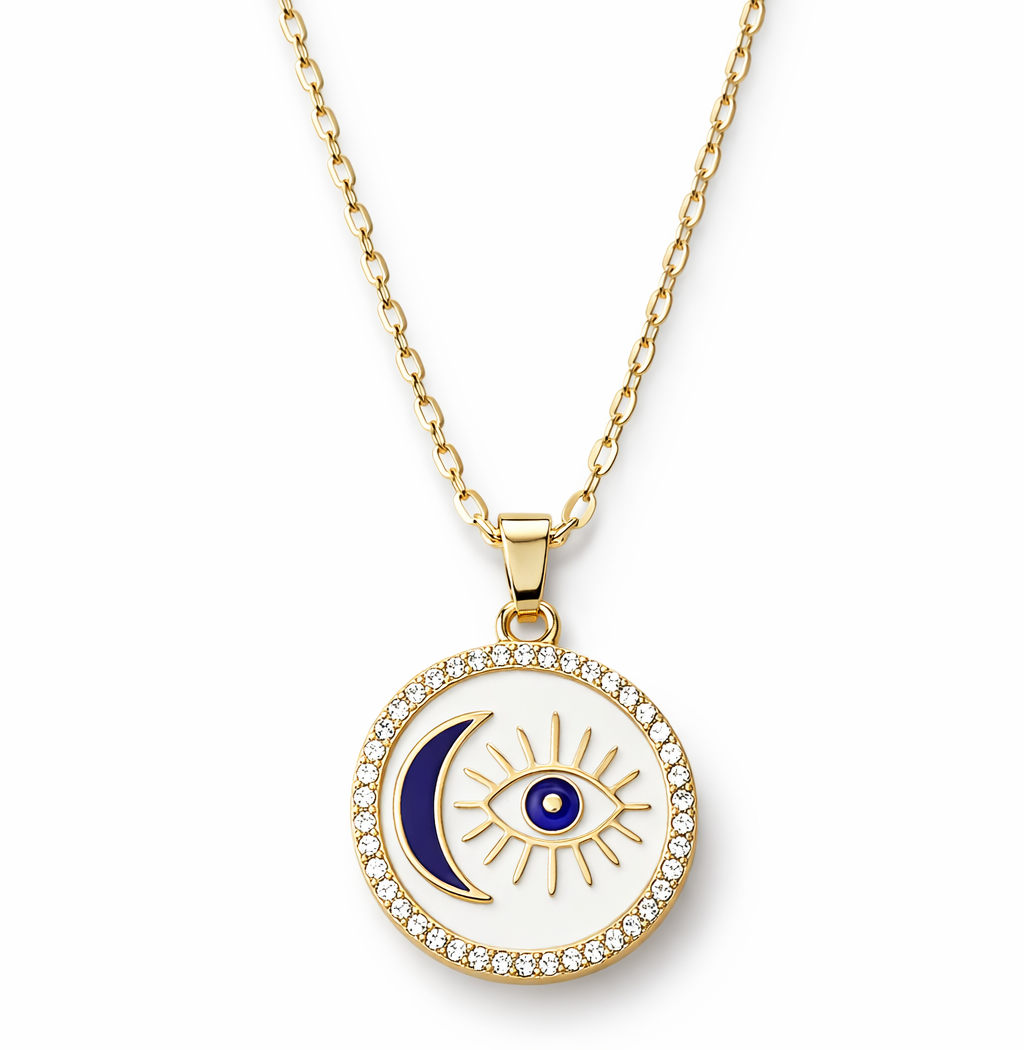 Colar dourado com pendente redondo, lua azul e olho estilizado