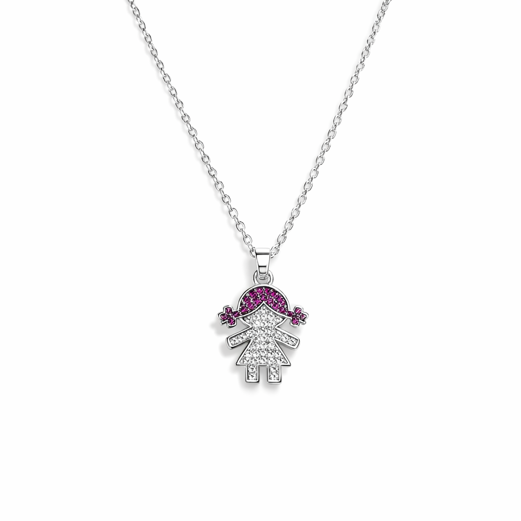 Colar com pendente em forma de menina com pedras brilhantes brancas e rosas.