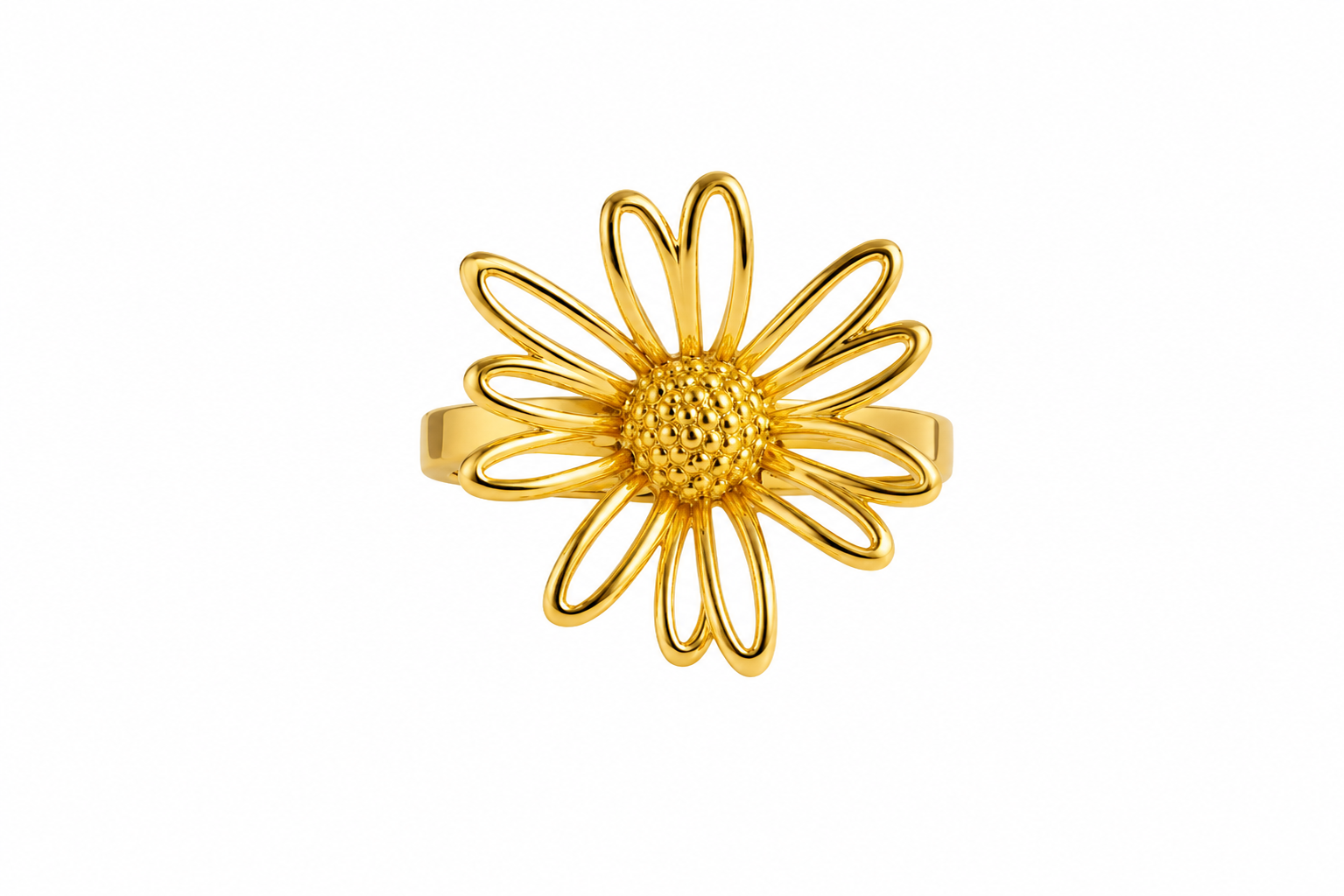 Anel dourado em forma de flor com pétalas abertas