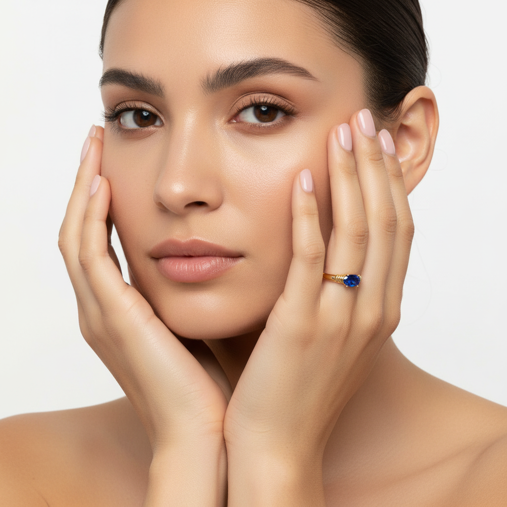 Mulher com anel dourado e pedra azul na mão junto ao rosto sobre fundo branco