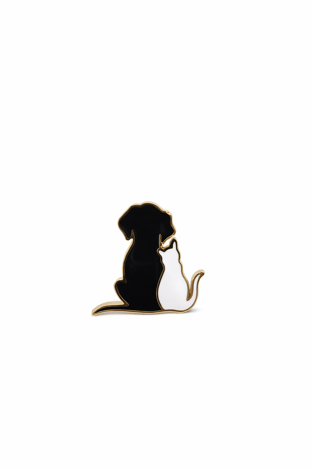 Pin metálico de cão preto e gato branco com contornos dourados