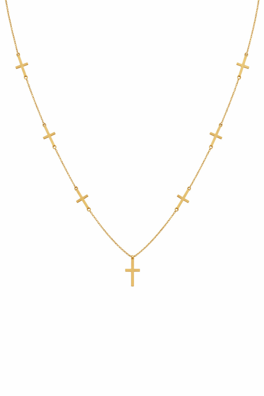 Colar dourado com sete cruzes pequenas em correntes finas