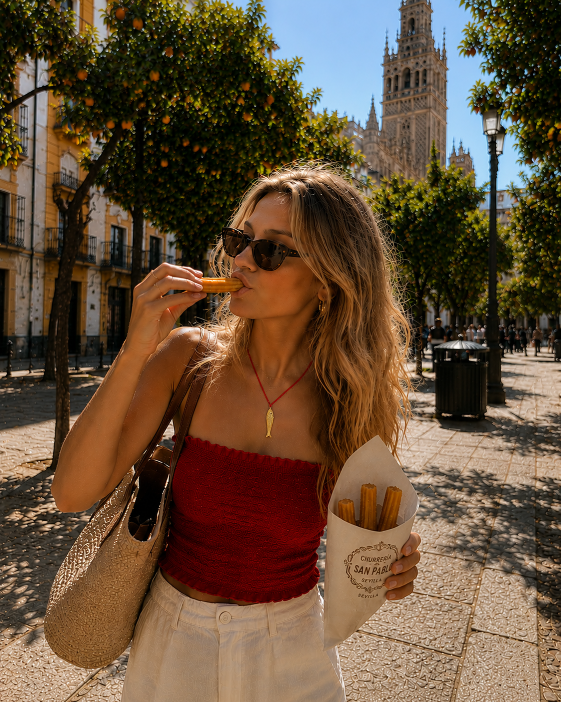 Mulher a comer churros num passeio com árvores e edifícios históricos ao fundo