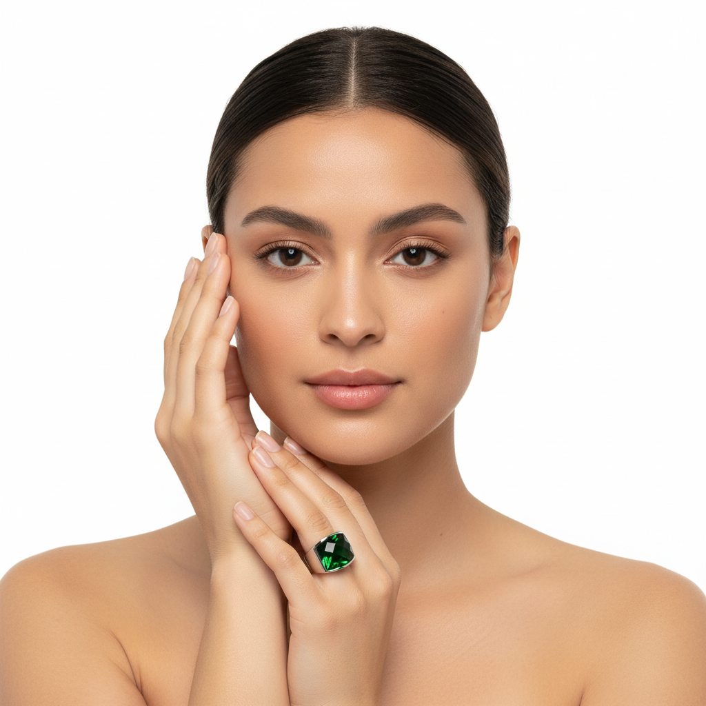 Anel com pedra verde quadrada em dedo de mulher com cabelo castanho apanhado