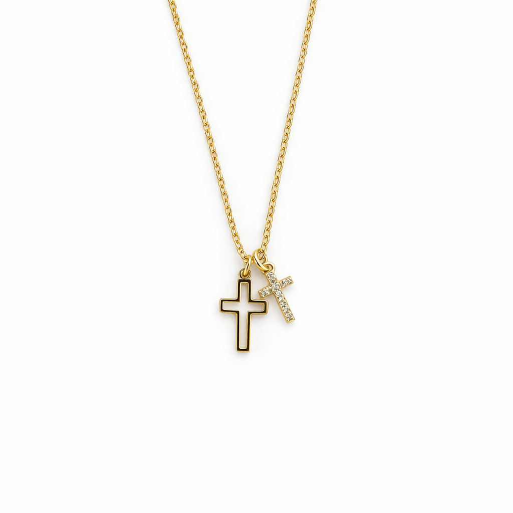 Colar dourado com duas cruzes penduradas