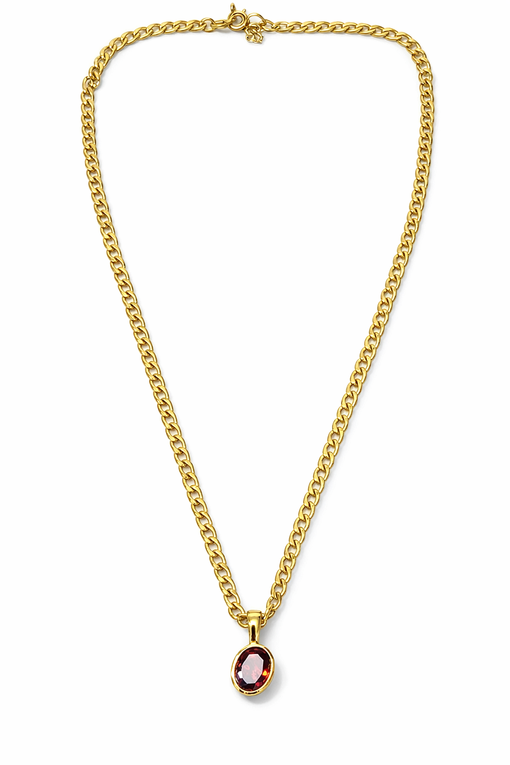 Colar dourado com pendente de pedra vermelha