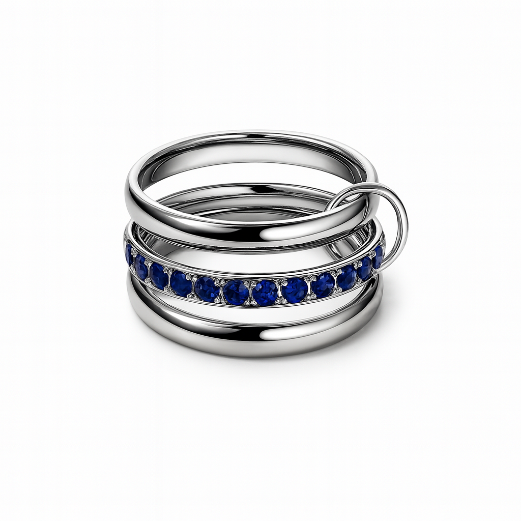 Anel triplo prateado com pedras azuis e aro pendurado