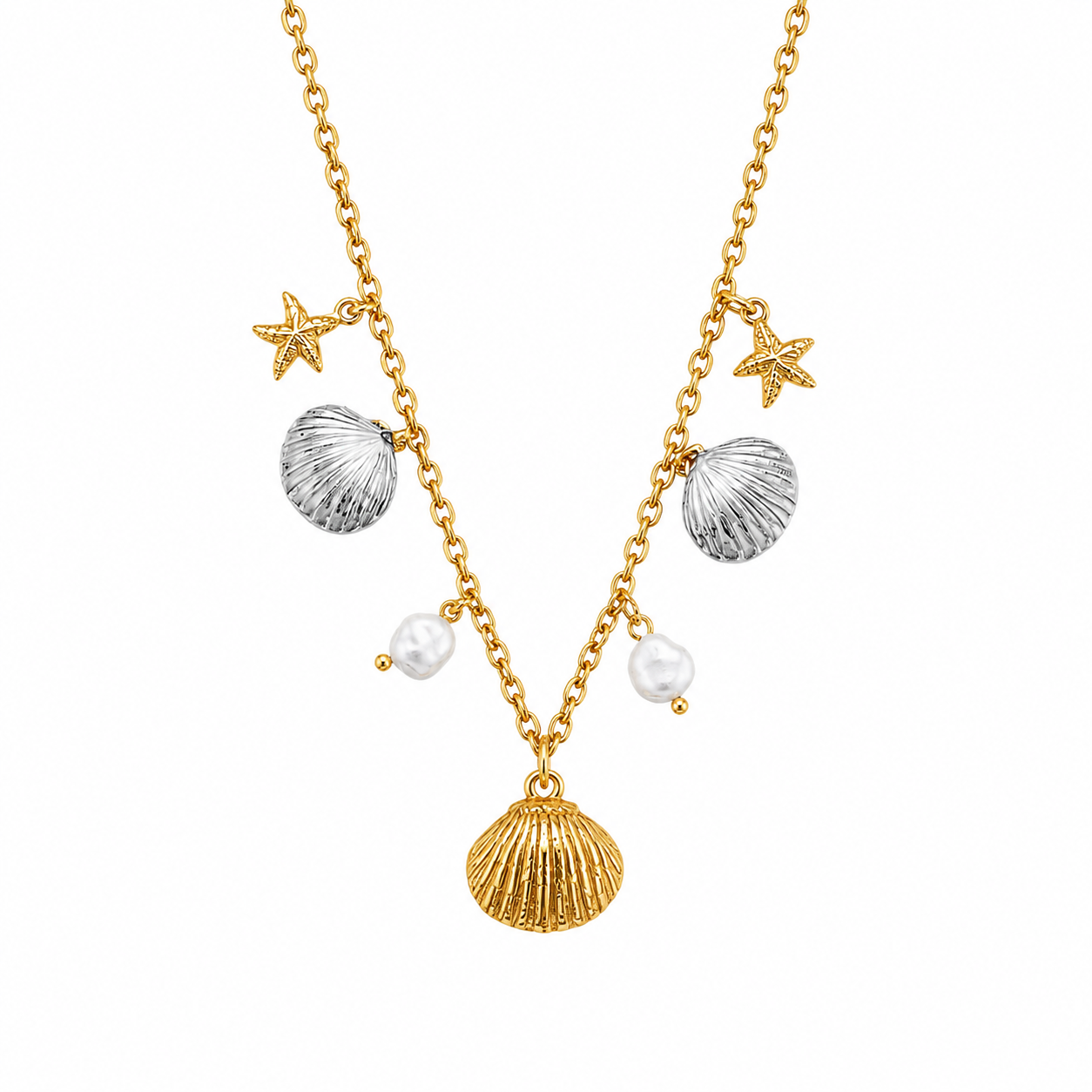 Colar dourado com pendentes de estrela do mar, concha prateada e pérolas brancas