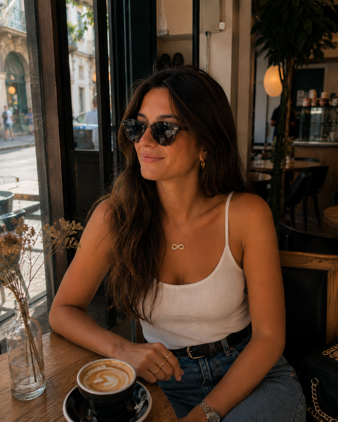 Mulher com óculos de sol, blusa branca e colar de infinito num café