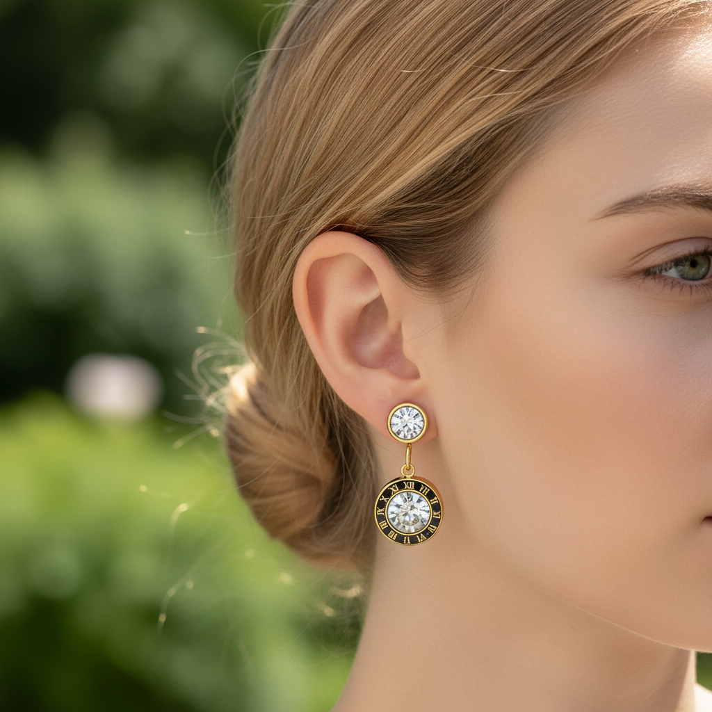 Brincos dourados com pedras transparentes e círculo preto com números romanos