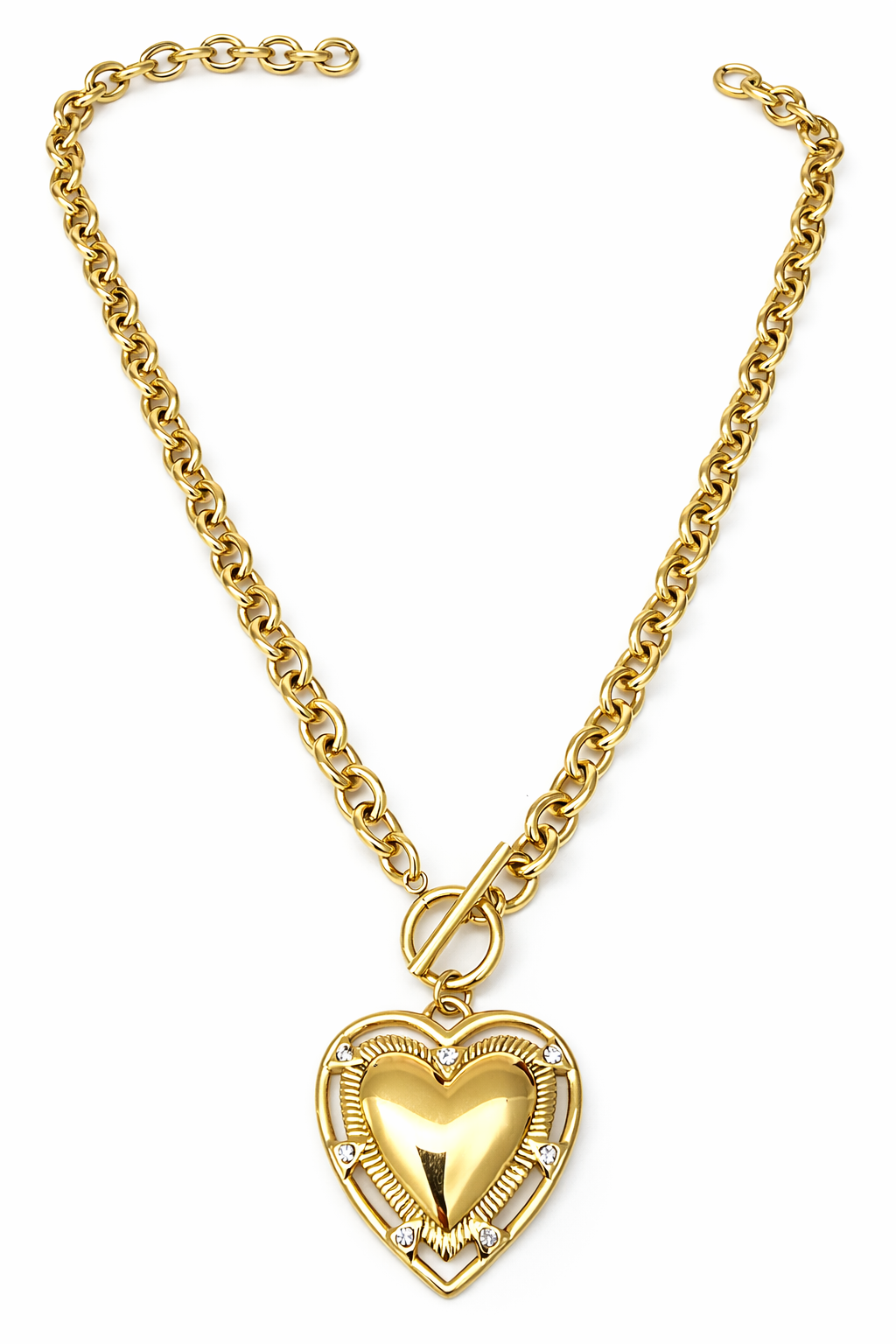 Colar dourado com pendente de coração e pequenos cristais