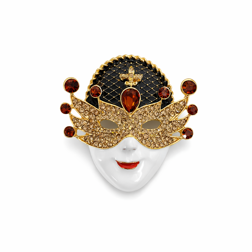 Broche de máscara de carnaval branca com detalhes dourados, vermelhos e preto