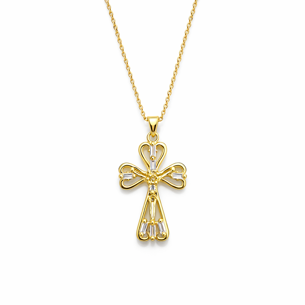 Colar dourado com pendente em forma de cruz detalhado com pedras transparentes