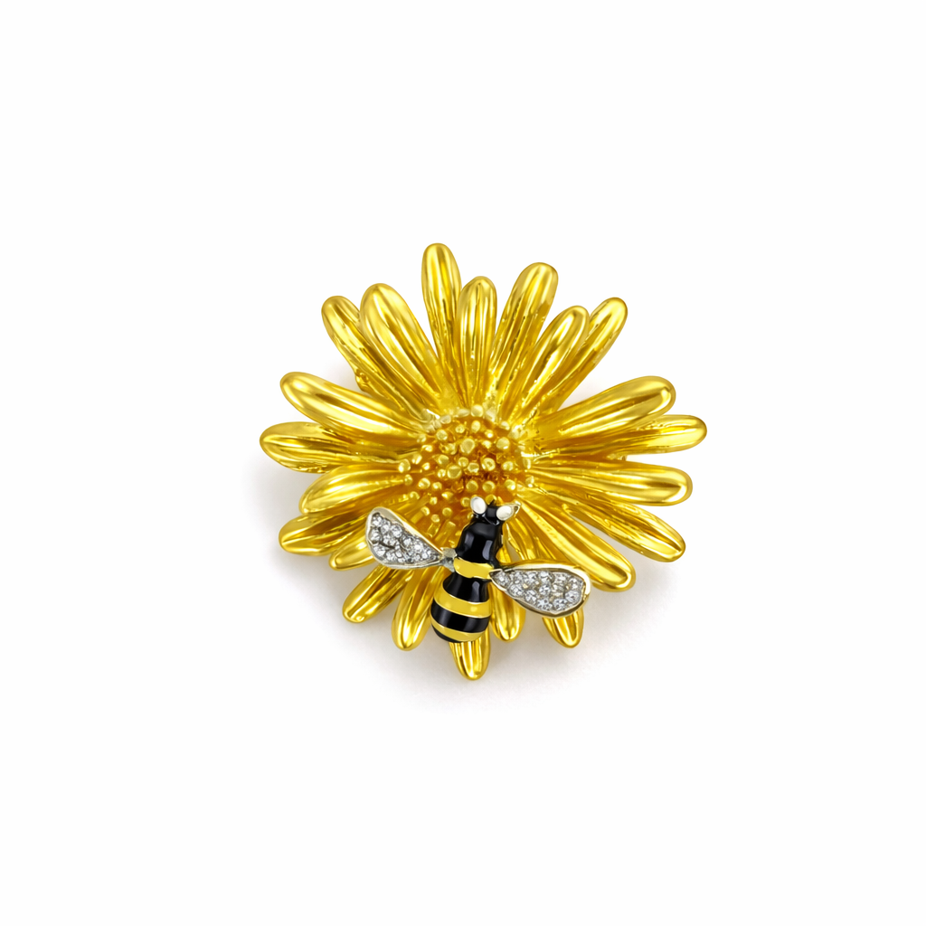 Broche flor dourada com abelha esmalte preto e amarelo e asas com cristais